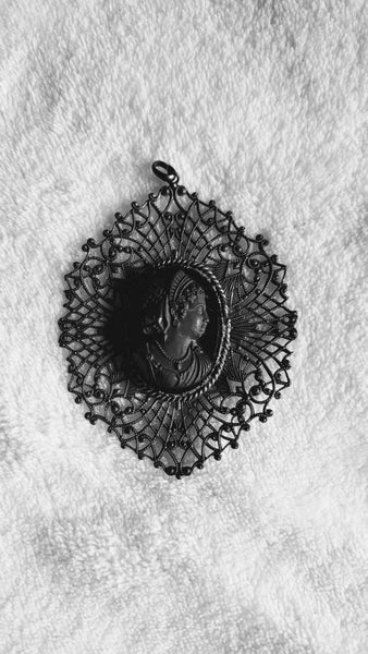 1900s Antique Black Cameo Pendant Delicate Filligree Pendant Turn of the Century with chain length of choice...