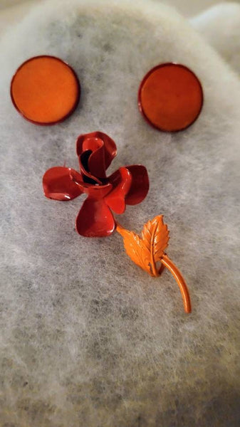 Orange Lovers Special 2 Tone Orange Set Parure Fresh Flower Pin with Sunny Disc Earrings