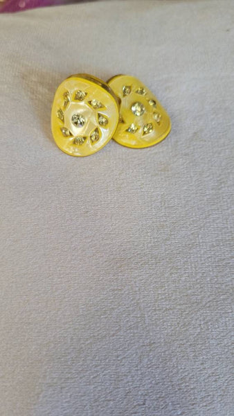 Sunshine and Sparkle Yellow Lucite Earrings Rhinestone Accent Wavy Disc Clips