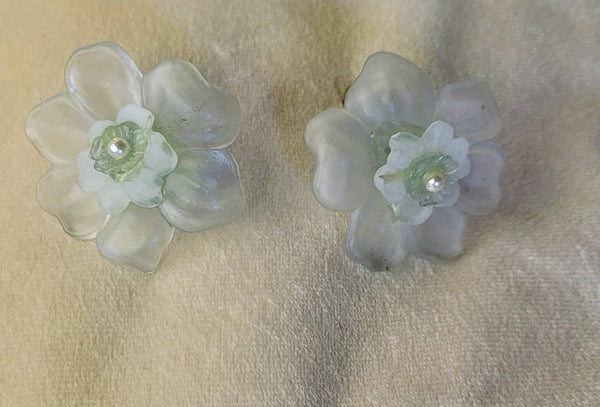 Frosted Iluminating Flower Earrings.  Fifties Plastics Pearl center.  Fantastic material allows color light Illuminating a Amazing Soft Glow