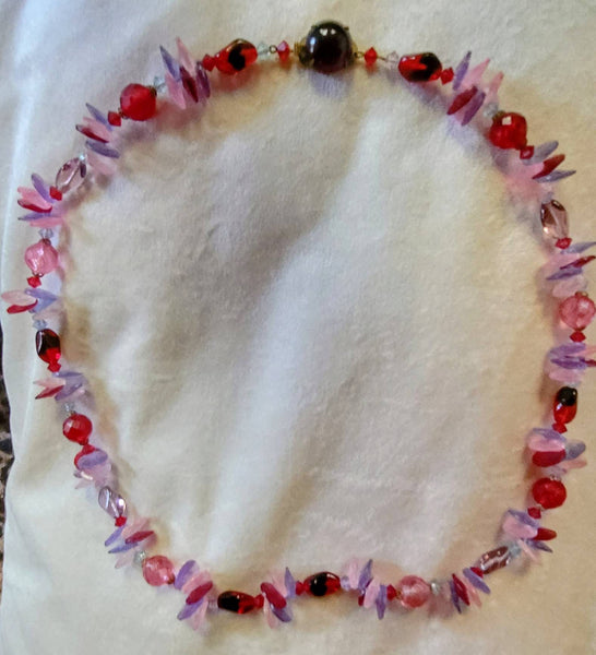 Period 30s 40s Necklace Pinks Reds Purples Glass Crystal Cut Lucite Magical Mash Up..!