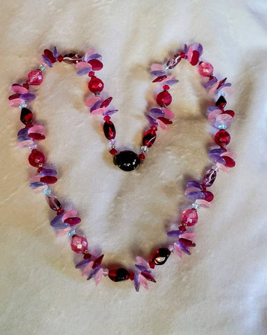 Period 30s 40s Necklace Pinks Reds Purples Glass Crystal Cut Lucite Magical Mash Up..!