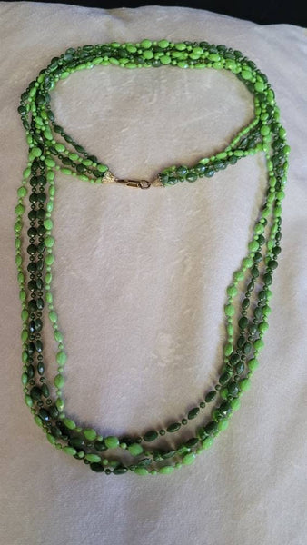 Sixties Sensation 48 inch 4 Strand Gorgeous Green Necklace Groovy Versitile Beads. Wearable multiple ways.