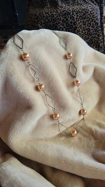 Silver Chain Big Geo Shapes with  Beautiful Gumball Champagne Pink Pearl like Beads. Mid Century Fun..! 38 inches with 2 extra on Clasp.