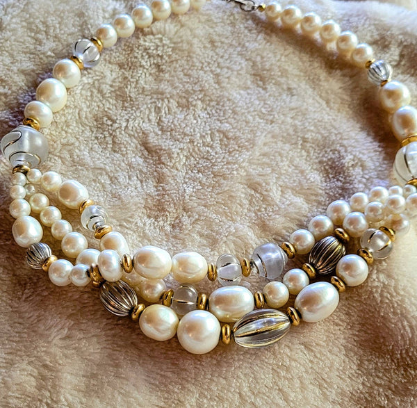 Three Strand Scallop Pearl Gold  Glass Beads. 16 inch  Different options on this 60  Stunning Statement in Pearl's