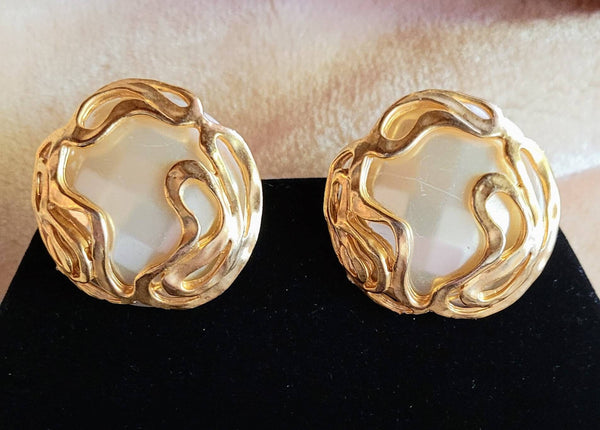 Big Bold Pearly and Gold 1950s Clip Elegant Earrings