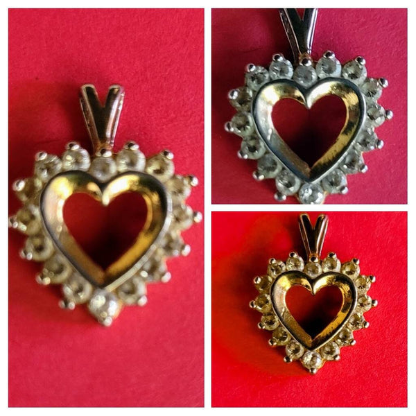 RhineStones Pretty Petite Heart Necklace Gold & Silver Encircled with Tiny Rhinestones. . Sweetheart Gift Someone Close to Your Heart..!