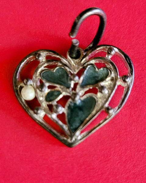 Vintage Heart Pendant With Green Heart Chakra Enamel Treatment  Tiny Creame Bead Sweet Heart Jewelry Gift of Love HeartGifts  Silver Heart