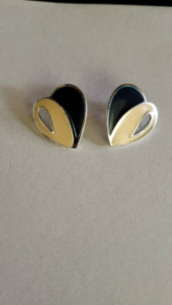 Heart Shaped Enamel Black and Cream on Silver Earrings. Perfect Valentines Holiday Gifts Anniversary Just Because Your They Are Special