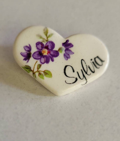 Personalized Vintage Ceramic Pin is Especially for Sylvia Handpaited Flowers  a Beautiful Touch to this Personal Treasure for Sylvia