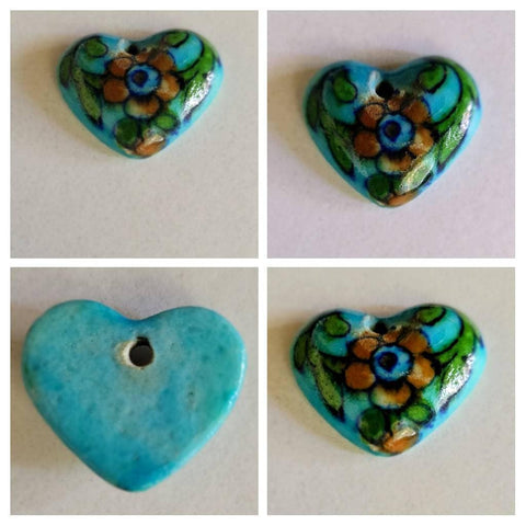 Handpaited Ceramic Tourqouise Heart Colors Adorn this Special One of A Kind Lovely Heart