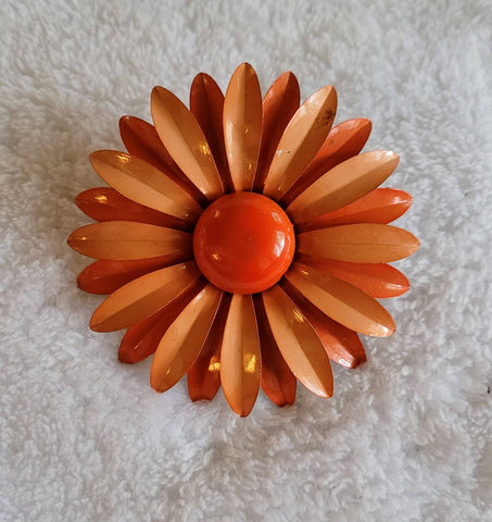 Flower Power. ! 4 in Orange Enamel Daisy Pin... Happy 60th Birthday 1960s  Vintage Jewelry..!