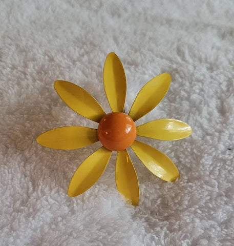 Flower Power. ! 2 3/4 in Orange Yellow Enamel Daisy Pin... Happy 60th Birthday 1960s  Vintage Jewelry..!