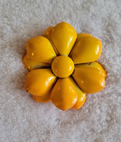 Flower Power. ! 3 in Orange Yellow 2 tone Enamel Daisy Pin... Happy 60th Birthday 1960s  Vintage Jewelry..!