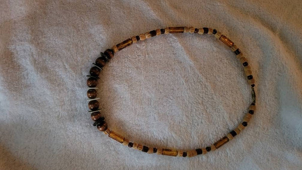 Polished and Natural Wood Beads with Rootbeer tubes & Disc