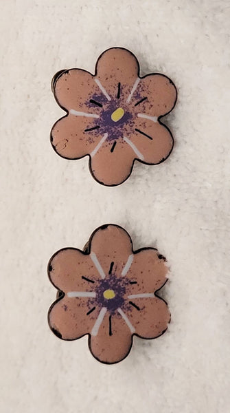 Handpainted Copper Earrings Era 1940s Floral Motif