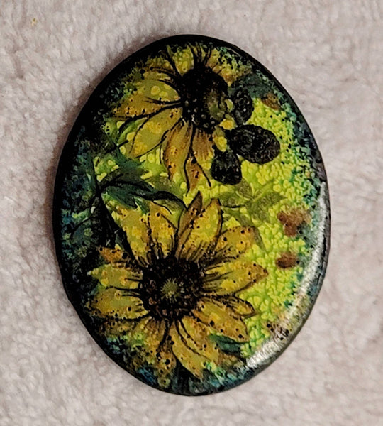 Late 1930s 40s Handpaited Enamel on Copper Pin. Luscious Shades of Greens & Yellows An Artistic Fushion of Flowers Daisy's..!