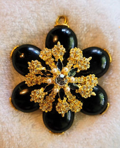 Black Glass and Rhinestones in Gold Extraordinary Vintage Pendant by Craft