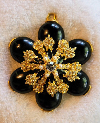 Black Glass and Rhinestones in Gold Extraordinary Vintage Pendant by Craft
