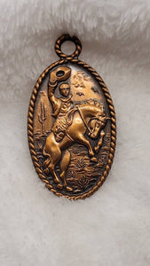 Copper Cowboy Pendant Relief of A Horse & Cowboy circa 1940 American West Nostalgia. . !