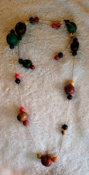 Wood Necklace Colored Ball Shapes Spaced and Suspended Wear with  Multiple Options. 40 in. Into The Woods Collection.