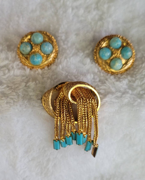 Gorgeous Gold &  Turquoise 1960 Demi Parure 3 Set Earrings with Waterfall Pin.