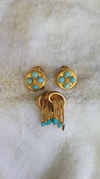 Gorgeous Gold &  Turquoise 1960 Demi Parure 3 Set Earrings with Waterfall Pin.