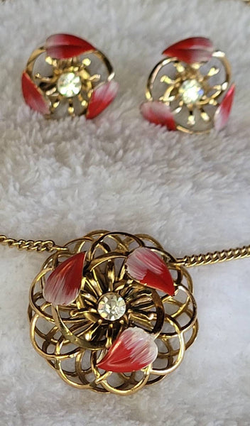 Demi Parure Collection featured 1940s Demi Parure Vintage Delight Red White Pink Enamel Rhinestones Earrings Necklace