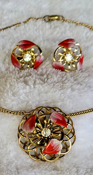 Demi Parure Collection featured 1940s Demi Parure Vintage Delight Red White Pink Enamel Rhinestones Earrings Necklace