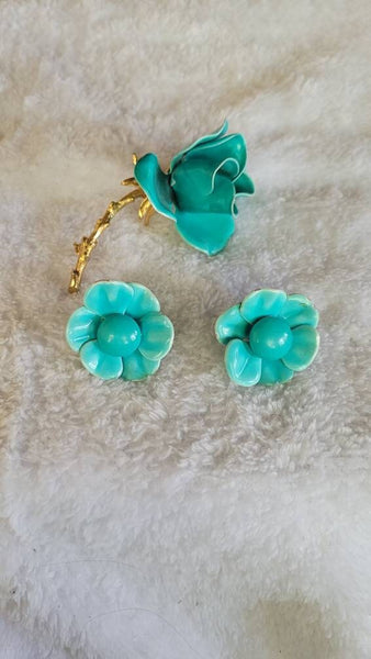 1950s Enamal Turquoise Rose "Demi Parure" Pin with Earrings Scrumptious Set