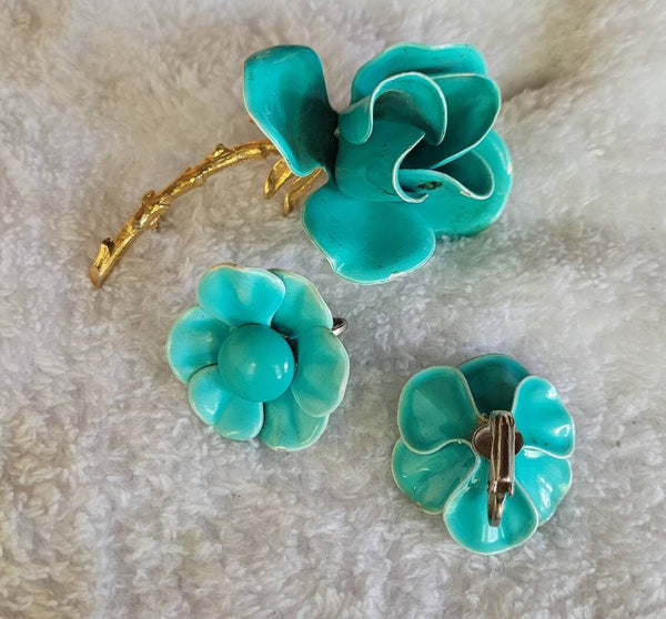 1950s Enamal Turquoise Rose "Demi Parure" Pin with Earrings Scrumptious Set