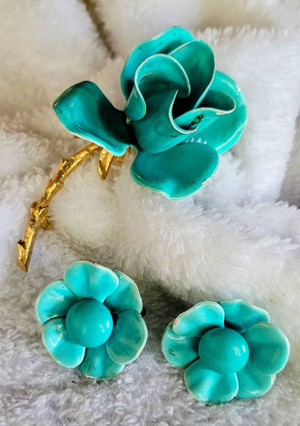 1950s Enamal Turquoise Rose "Demi Parure" Pin with Earrings Scrumptious Set