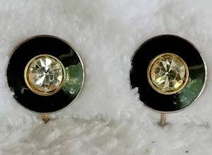 1940s Solitaire Rhinestone Black Enamel Screwbacks