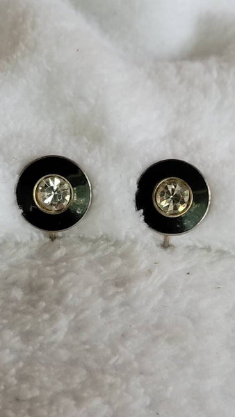 1940s Solitaire Rhinestone Black Enamel Screwbacks