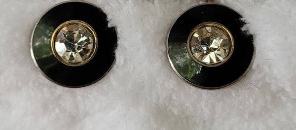 1940s Solitaire Rhinestone Black Enamel Screwbacks