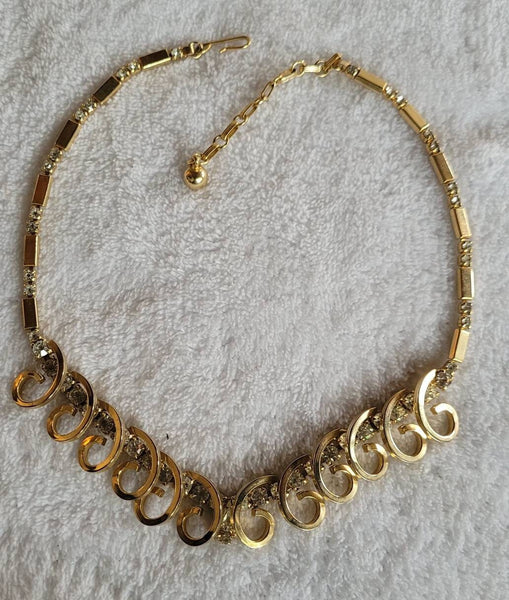 Dazzling Diamante Collection Necklace Sparkling Waves of Gold Swirls with Large Vintage Crystal Rhinestones Long Link Chain Sixties Fun.. !