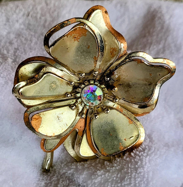 Golden Era Floral Brooch Goldplate over Copper Beautiful Arora Borialis Center Stone...