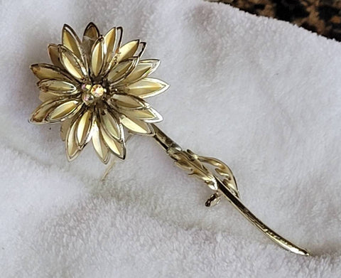 Golden Era Floral Pin Sparkling A B Center Shiny with Muted  Detailed Golden Petals Leaves