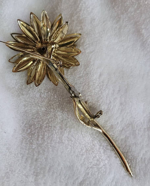 Golden Era Floral Pin Sparkling A B Center Shiny with Muted  Detailed Golden Petals Leaves