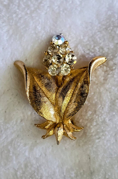 Golden Era Floral Pin Gold leaves with Aurora Borialis Petals Beautiful Brooch