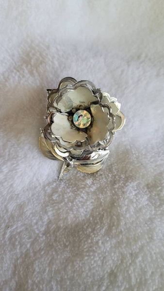 Golden Era Floral Pins Sparkling Aurora Borialis Stone Center this Silver Petal Flower Pin