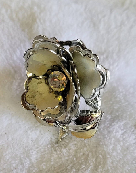 Golden Era Floral Pins Sparkling Aurora Borialis Stone Center this Silver Petal Flower Pin