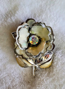 Golden Era Floral Pins Sparkling Aurora Borialis Stone Center this Silver Petal Flower Pin