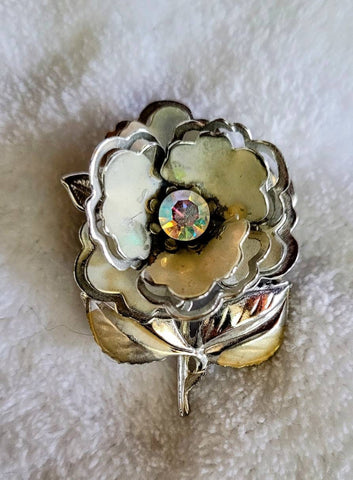 Golden Era Floral Pins Sparkling Aurora Borialis Stone Center this Silver Petal Flower Pin