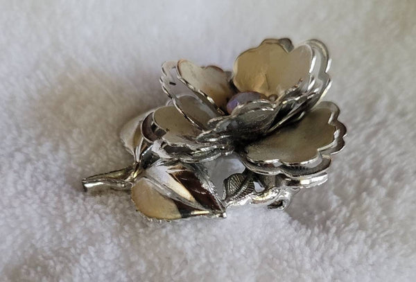 Golden Era Floral Pins Sparkling Aurora Borialis Stone Center this Silver Petal Flower Pin