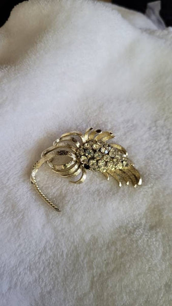 Golden Era Floral Pin Gold with Silver Spray of Rhinestones