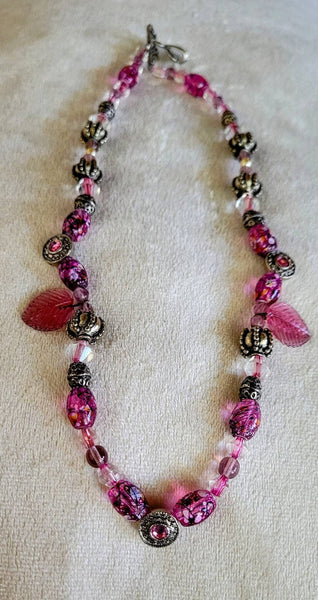 Beaded Beauty  Necklace. Unique Silver with Sweet Shades of Fushia Beads  Lovely Perfect Gift  For  A Sweetheat  AValentine or Just Because