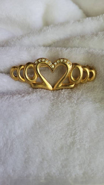 Hearts & Rhinestone Muted Gold Pin A La 80s