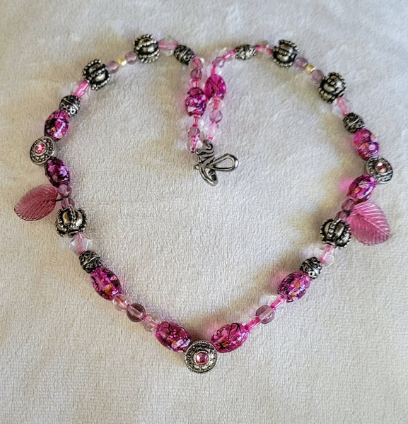 Beaded Beauty  Necklace. Unique Silver with Sweet Shades of Fushia Beads  Lovely Perfect Gift  For  A Sweetheat  AValentine or Just Because