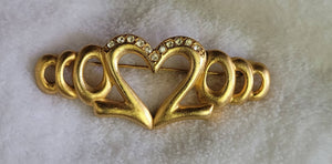 Hearts & Rhinestone Muted Gold Pin A La 80s